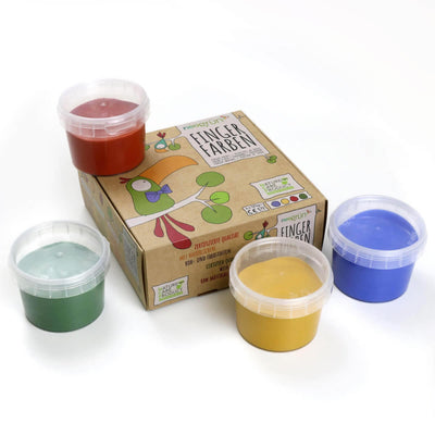 Neogrün natural finger paint Aki set of four with red, green, yellow and blue colours, with packaging box