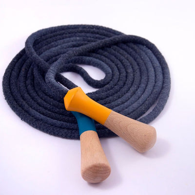 Me & Mine blue extra long skipping rope neatly coiled, with orange and blue wooden handles