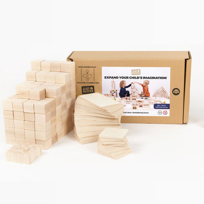 Collection of blocks beside box of Just Blocks Big Pack of 336 wooden blocks