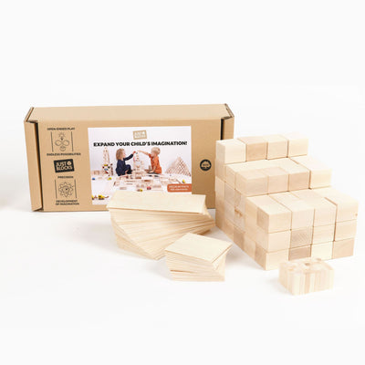 Collection of blocks beside box of Just Blocks medium pack of 166 wooden blocks